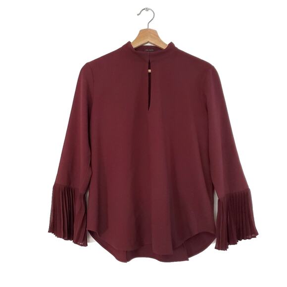 Ann Taylor | Wine Red Pleated Bell Sleeve Keyhole Blouse Top - Picture 1 of 7
